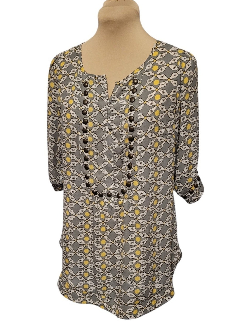 Angie Grey Tunic Top with Yellow Geometric Print and Button Trim